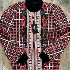 Versus Versace Black and Red Plaid Bomber Jacket